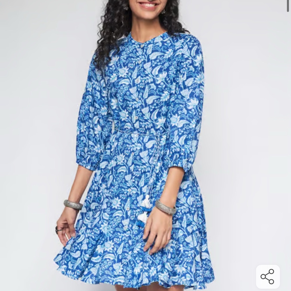 Global Desi Blue Floral Long Sleeve Dress